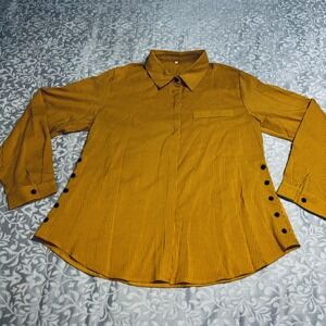 Mustard Yellow Striped Button Down Shirt Side Button Detail Long Sleeve XL (F24)